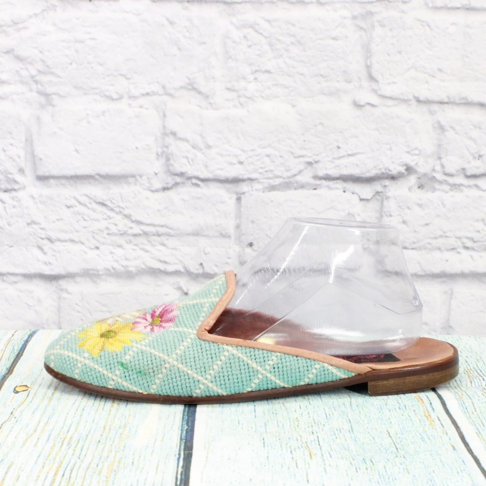 *Soles by Paige Blue Fabric Floral Needlepoint Mule Slide Sandals Size M - Picture 2 of 10